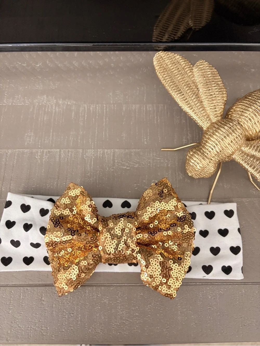 Gold Sequin Bow Headband with Heart Print Band